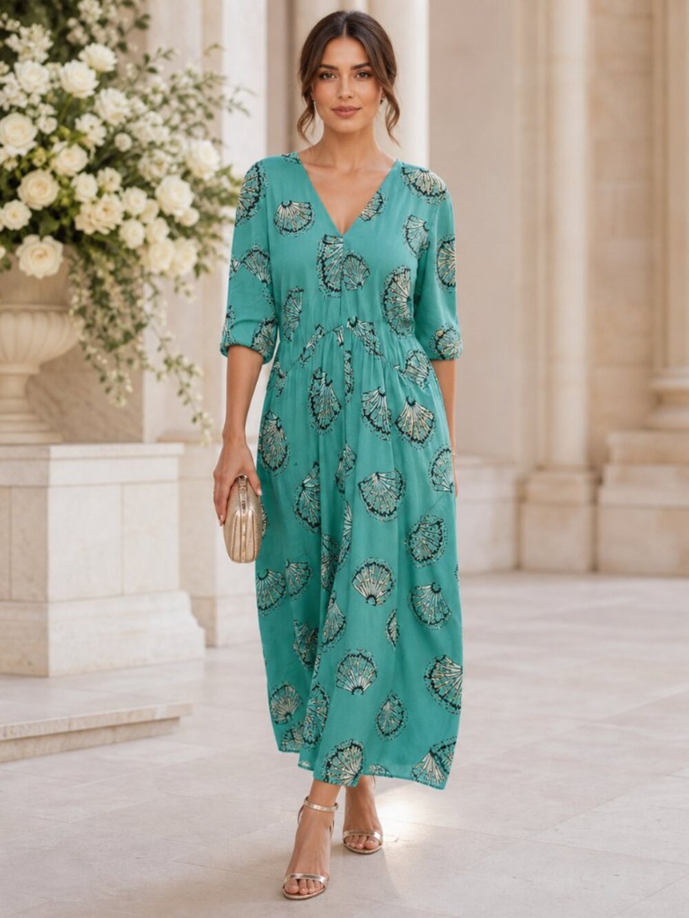 TUCKER elegant silk maxi dress fan print